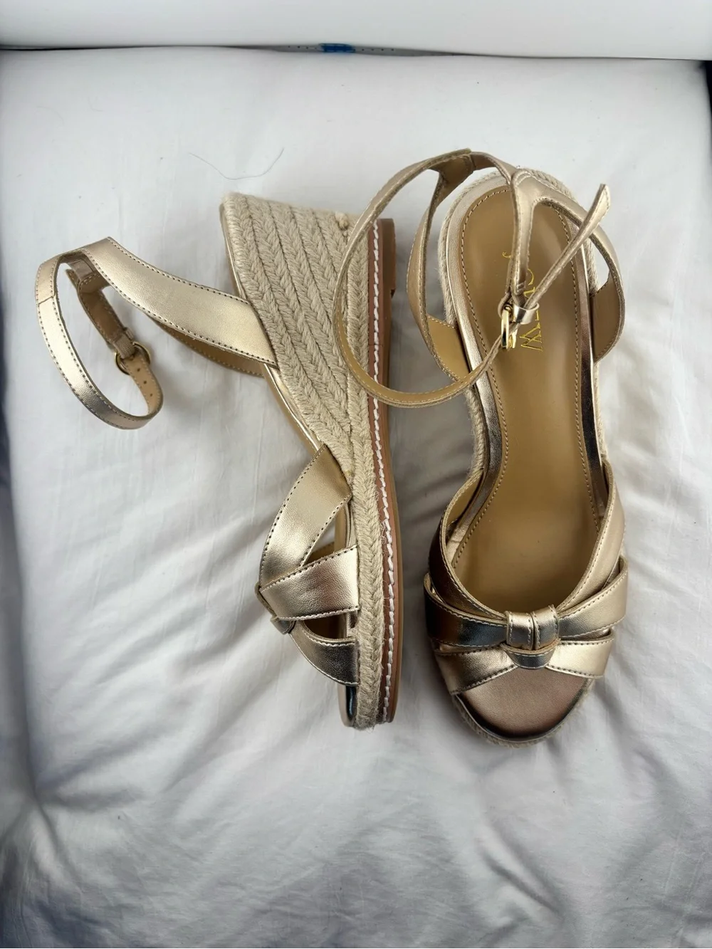 J. Crew Gold Metallic Espadrille Wedge Sandals with Ankle Strap